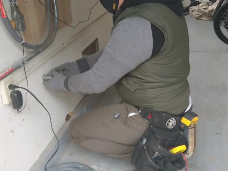 Electrician performing outlet wiring in a East Ridge garage